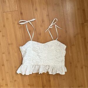 Zara Broderie Anglaise White Crop Top with Ruffle Detail Ribbon Tie Size Small